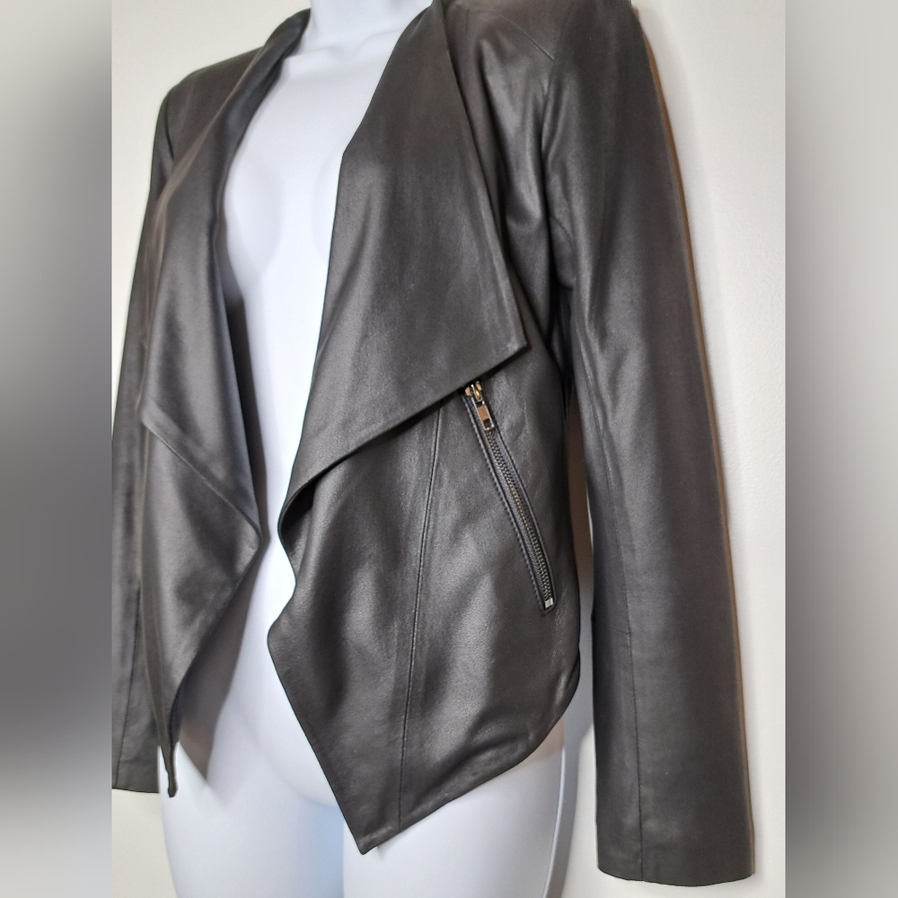 B.B Dakota Women's Brycon Black Leather Open Front Drape Jacket Size XS NWOT - Picture 3 of 16
